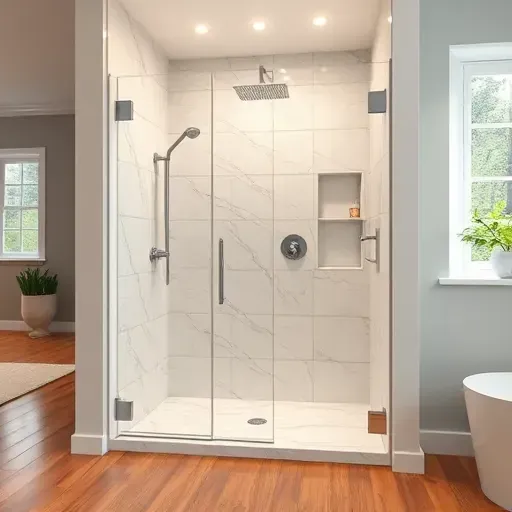 Elegant custom shower with chrome fixtures marble walls frameless glass enclosure hardwood floor and natural lighting in Landenberg PA
