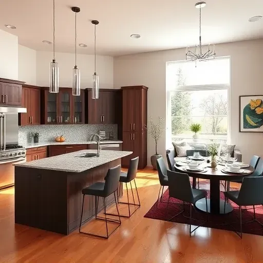 Modern kitchen in Media PA with granite island, dark cabinetry, stainless appliances, open layout, hardwood floors.