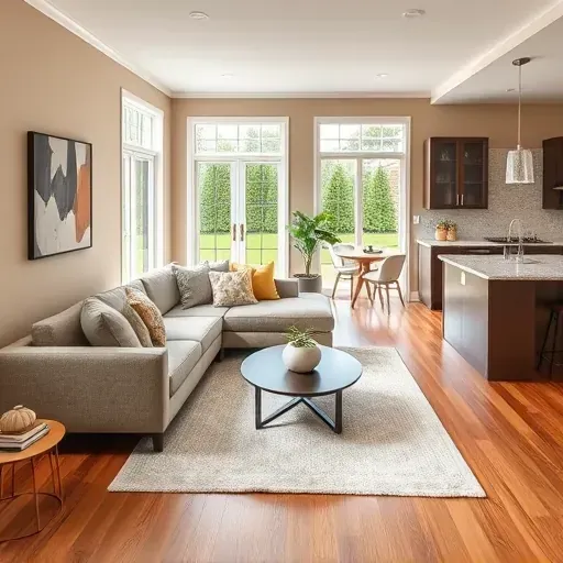 Modern living room remodel in Coatesville PA with elegant decor, natural light, and stylish open kitchen, showcasing craftsmanship.