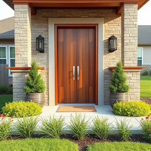Modern wooden front door in Landenberg PA with natural wood grain, metal hardware, stone and brick accents, landscaped garden