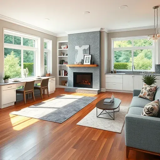 Spacious Hockessin DE living room with modern fireplace, elegant shelving, polished floors, and open-concept design.