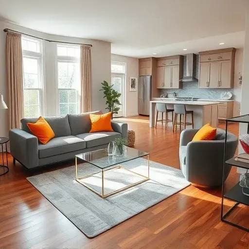 Modern living room in Townsend, DE, with gray sofa, glass coffee table, hardwood flooring, and stylish decor.
