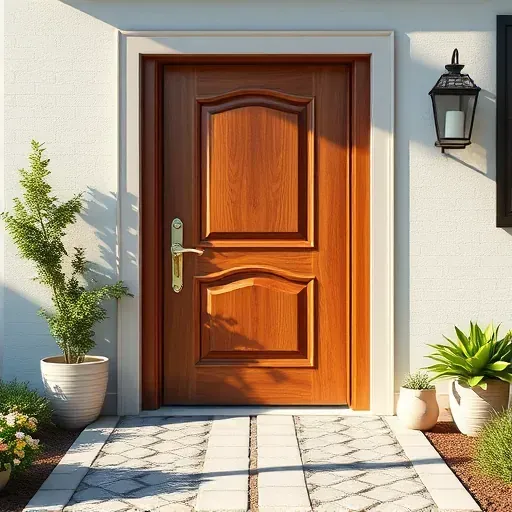 High-quality new wooden door with intricate details, sleek modern handle, polished finish, set in a landscaped residential entrance.
