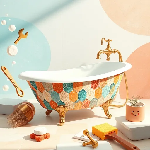 A vibrant, symbolic illustration of affordable bathroom renovation services, featuring a vintage bathtub decorated with colorful mosaic patterns to symbolize creativity and affordability. Surrounding the tub are floating tools such as a wrench, paintbrush, and tiles, stylized with intricate details to represent craftsmanship. The dreamy bathroom background is crafted with flowing lines suggesting water and cleanliness, including a faucet shaped like an open hand to symbolize accessibility and care. Warm hues of turquoise, coral, and gold set an inviting mood, with whimsical accents like smiling tiles and a sponge with expressive eyes adding personality. The ethereal environment includes floating soap bubbles, reflections, and a gentle glow, conveying renewal and transformation. The overall art style is rich in symbols, emphasizing practicality, beauty, and affordability in bathroom renovations, inviting viewers to explore budget-friendly solutions for transforming their spaces into personal sanctuaries with a friendly and trustworthy vibe.
