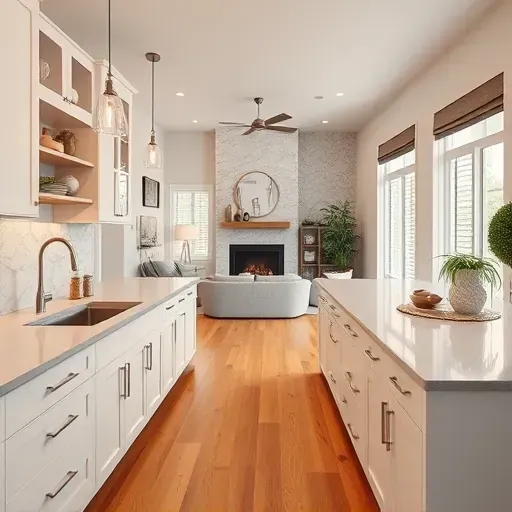 Modern kitchen in Garnet Valley PA with white cabinets, quartz countertops, marble backsplash, and cozy living area.