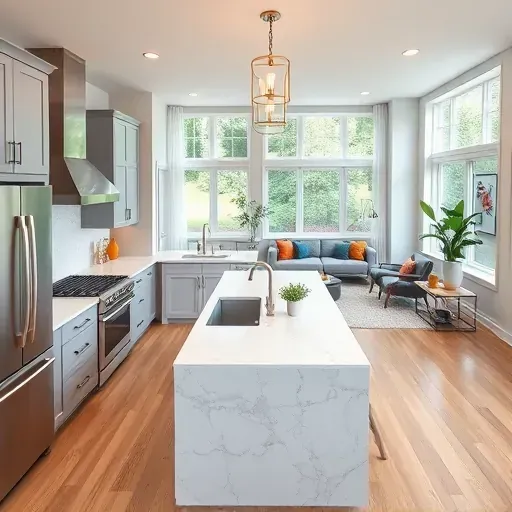 Stunning kitchen remodel in Toughkenamon PA featuring gray cabinetry, white marble countertops, and high-end appliances.