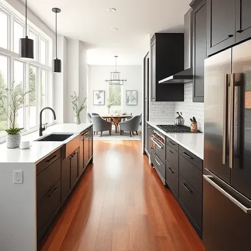 Remodeled modern kitchen in Landenberg PA with matte black cabinets, white marble island, stainless steel appliances, and elegant subway tile backsplash