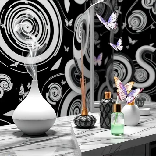 A luxurious and tranquil bathroom retreat designed with vibrant OpArt, featuring intricate black-and-white spirals and tessellations that create a mesmerizing and calming atmosphere. The foreground showcases sleek, minimalist aromatherapy diffusers shaped like abstract geometric sculptures, with smooth, curved surfaces contrasting the dynamic background. Wisps of vapor in soft pastel hues of lavender, mint green, and blush pink swirl upward, hinting at soothing essential oils from tiny stylized bottles scattered throughout the scene. Shimmering marble surfaces with bold black veining form a reflective, opulent backdrop that enhances the upscale serenity. Playful details include small optical illusion-like butterflies with swirling wings fluttering among the vapor clouds and blending into tessellated patterns, adding whimsy to the scene. The artistic style emphasizes high-contrast black-and-white motifs complemented by delicate pastel accents, producing a hypnotic visual experience that encapsulates a high-end, dreamlike bathroom space dedicated to relaxation and sensory indulgence.
