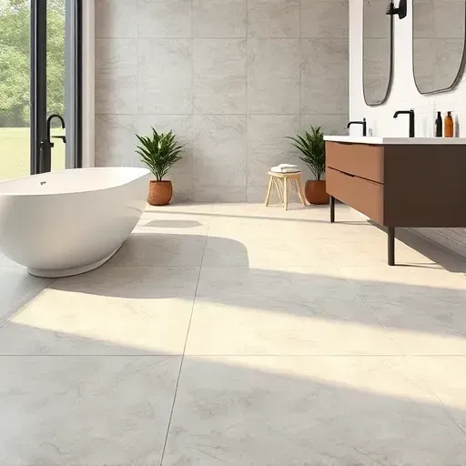 Freshly completed modern bathroom with polished porcelain tile flooring in Landenberg PA featuring a bathtub, vanity, and natural light