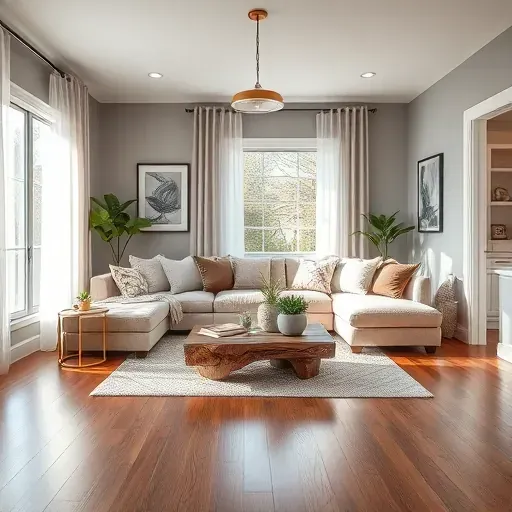 Modern living room in Phoenixville featuring a cozy sectional, glass coffee table, large windows, and elegant decor.