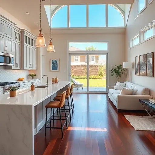 Home remodeling in Pike Creek DE featuring a modern kitchen with marble countertops, stainless steel appliances, and hardwood floors.