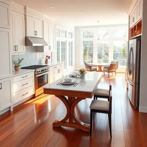 Modern kitchen remodel in Malvern PA with white cabinetry, marble counters, stainless appliances, and hardwood flooring.