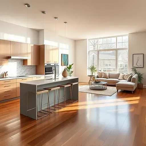 Modern kitchen and living area in Thorndale, PA features sleek cabinetry, central island, and natural light inviting ambiance.