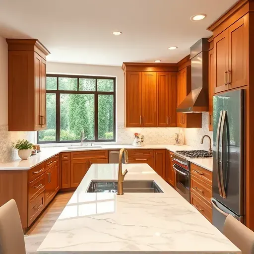 Renovated kitchen in Oxford PA with modern wood cabinetry, stainless steel appliances, marble island, and cozy dining nook.