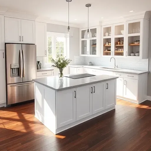 Contemporary kitchen remodel in Wilmington DE showcasing sleek white cabinetry, granite island, and stainless appliances.
