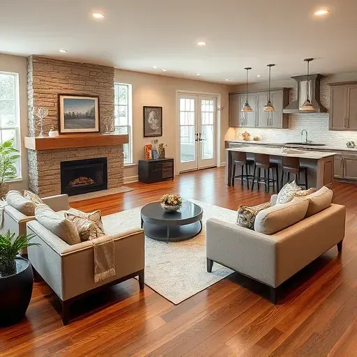 Completed home remodeling in Coatesville, PA, featuring a cozy modern living room with natural light and a stone fireplace.