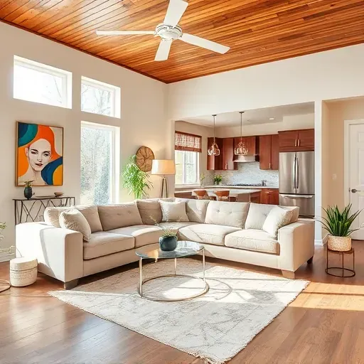 Modern living room remodel in Avondale PA features neutral sofa, vibrant artwork, and open-concept kitchen.