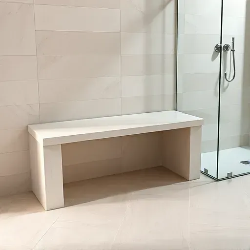 Freshly installed durable stone shower bench in modern bathroom with neutral tiles and sleek fixtures in Landenberg PA