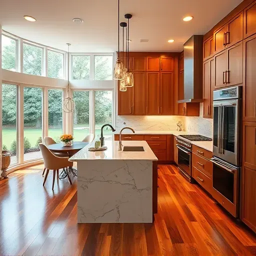 Modern kitchen remodel in Middletown DE with stainless steel appliances, marble countertops, and custom cabinetry.