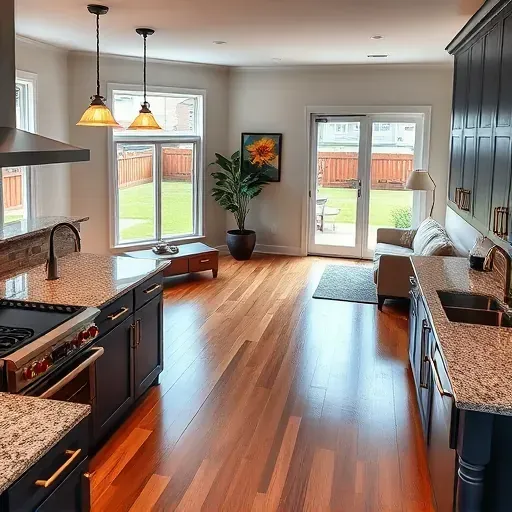 Modern kitchen remodel in New Castle County with granite counters, blue cabinetry, hardwood floors, and ambient lighting.
