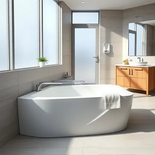 Modern accessible bathroom with a sleek walk-in bathtub, neutral tiles, natural light, and high-end design accents