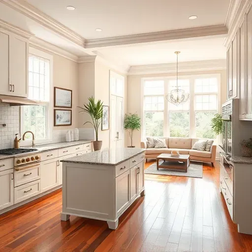 Modern kitchen and spacious living area in Claymont DE, featuring elegant design, natural light, and warm decor.