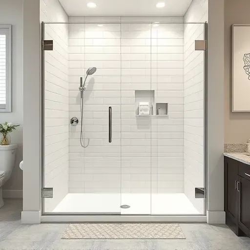 Freshly completed modern shower with glossy herringbone tiles, glass enclosure, chrome fixtures, and clean neutral bathroom in Landenberg PA