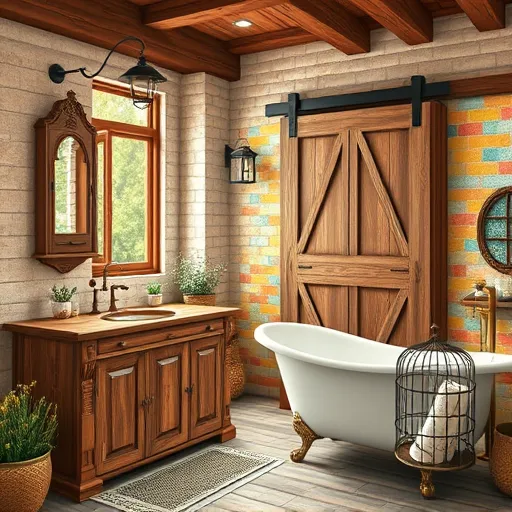 A vibrant rustic bathroom featuring handcrafted charm and earthy textures, with a weathered wooden vanity showcasing intricate carvings and vintage brass fixtures, topped with a natural stone sink. To the side, a pastel-colored claw-foot tub is surrounded by potted herbs and wildflowers, creating a cozy, organic atmosphere. The background includes a reclaimed wood barn-door-inspired sliding cabinet and warm terracotta, mustard yellow, and deep cobalt mosaic tiles on the walls, adding playful contrast. Gothic lantern-style lighting hangs from wooden beams, casting a warm glow, while a vintage birdcage repurposed as a bathroom storage nook holds rolled towels and natural bath products. The scene is set in a tranquil countryside environment with lush greenery visible through a window, textured brick walls, and rustic wooden beams overhead. The overall aesthetic is calm and nostalgic, capturing the cozy charm of a rustic retreat with personality and whimsy. Styled in Mexican Muralism with bold lines, vibrant earthy colors like ochre, deep reds, turquoise, and olive greens, and a dynamic composition that emphasizes craftsmanship, tradition, and rustic warmth.