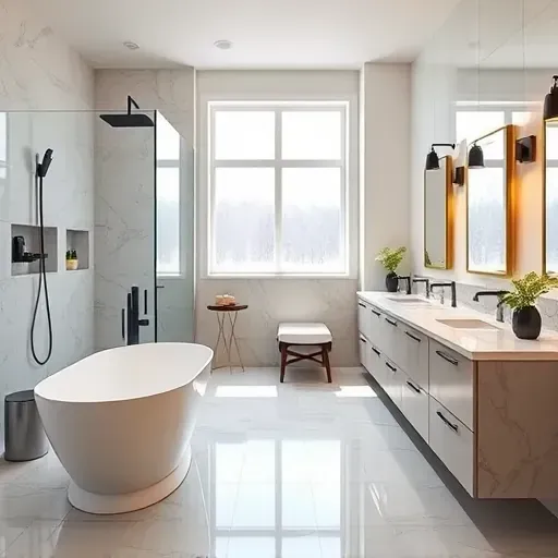 Renovated bathroom in Landenberg, PA with modern fixtures, freestanding tub, and stylish double vanity in serene tones.