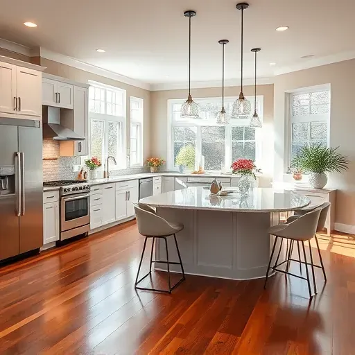 Modern Wilmington DE kitchen featuring high-end appliances, granite countertops, hardwood floors, and bright lighting.