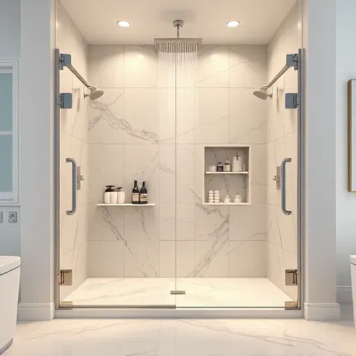 Modern custom bathroom shower with frameless glass doors marble tiles rainfall showerhead and built-in niche shelves
