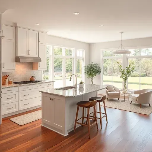 Modern kitchen remodeling in Chadds Ford PA with white cabinetry, granite island, and warm earthy backsplash accents.