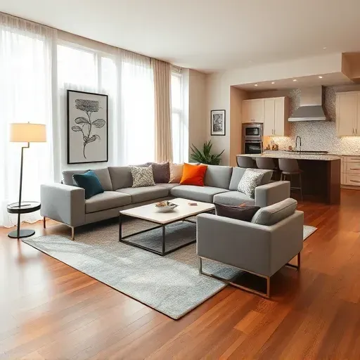 Modern Swarthmore living room with hardwood floors, large windows, stylish furniture, and elegant décor in neutral tones.
