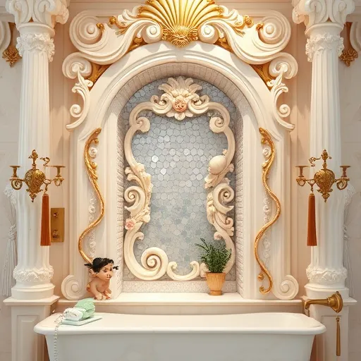 A luxurious, Rococo-inspired bathroom scene featuring an ornate shower niche installation. The opulent setting includes intricately carved moldings, gold accents, and pastel-colored marble surfaces. The shower niche is designed as a whimsical Rococo shrine with delicate, curving shells, floral motifs, and curling acanthus leaves, rendered in soft creams, blush pinks, and subtle gold leaf details. Behind the niche, a shimmering mosaic of pearls and iridescent tiles creates a dreamy, iridescent backdrop that enhances light reflection and depth. Decorative scrollwork and rococo flourishes frame the niche, adding a refined yet playful atmosphere, while tiny cherubs or putti with mischievous expressions peek from behind ornamental elements, adding a humorous touch. The scene includes antique soap dishes, elaborate brass fixtures with scroll designs, and gently swaying tassels, suggesting movement and liveliness. Soft, diffused lighting bathes the scene in a warm glow, emphasizing the rich palette of ivory, blush pink, gold, and mint green. The overall style captures the intricate charm and lush textures of Rococo art, blending sophistication with whimsical eccentricity—perfect for showcasing elegant and artistic shower niche installations.