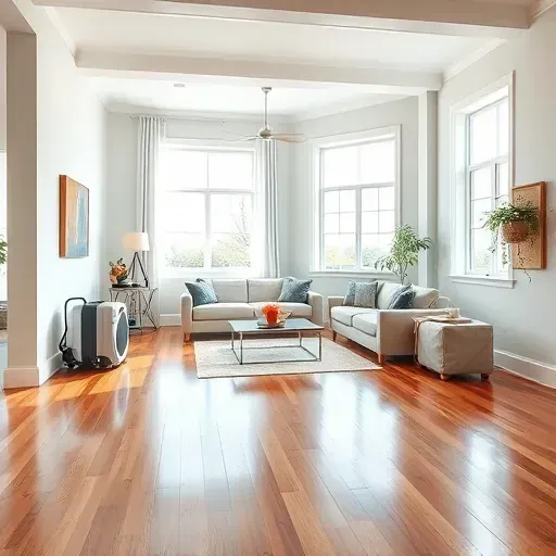 Restored modern living room in Landenberg PA with hardwood floors, repaired walls, furniture, natural light, and restoration equipment
