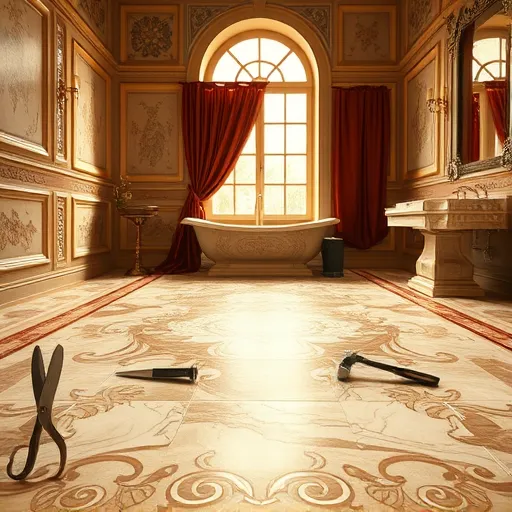 A highly detailed, regal depiction of bathroom flooring installation inspired by High Renaissance art, featuring an ornate, classical bathroom scene illuminated by warm golden light. The foreground showcases a luxurious marble floor with intricate patterns and veined textures, with sculptor-like hands carefully placing ornate tiles resembling ancient mosaics—an emphasis on craftsmanship and elegance. Playful, miniature tools with expressive faces, such as a tiny chisel and a whimsical hammer, add charming personality to the scene. In the background, a stately paneled wall decorated with classical motifs and flowing red drapery creates a warm, inviting atmosphere. Elegant antique tools like scissors, trowels, and measuring instruments with detailed metallic finishes convey precision and skill. Soft light streams through an arched window, highlighting the textures of the tiles and the sheen of the marble, emphasizing craftsmanship, history, and artistry in bathroom flooring installation.