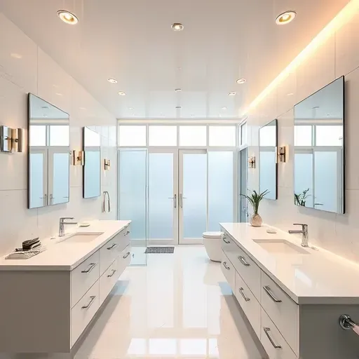 Bright modern bathroom in Landenberg PA with LED ceiling fixtures, marble counters, white tiles, chrome details, and frosted glass shower doors