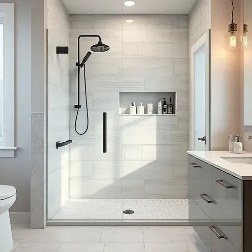 Beautiful modern shower with glossy ceramic tiles, elegant fixtures, built-in niche, and seamless design in a neutral-toned bathroom