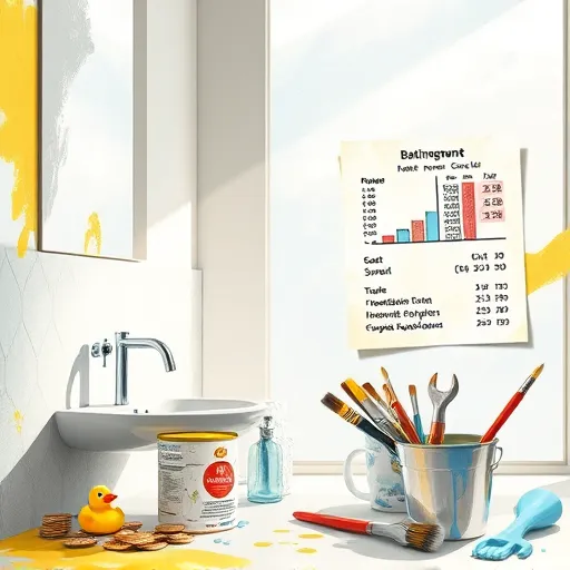 An impressionistic, vibrant painting of a modern bathroom undergoing renovation, featuring swirling textured brushstrokes. The scene includes a partially tiled wall with geometric patterns, a sleek sink with shiny faucets, and scattered paint cans and brushes with drips of bright color for a playful touch. Soft, diffused light filters through a large frosted window, casting gentle shadows and creating a calm, inviting atmosphere. Nearby, a stylized illustration of a budget breakdown chart appears on semi-transparent paper sheets decorated with doodles of coins, dollar signs, and plumbing parts, subtly integrated into the scene to suggest cost analysis. The background depicts a warm, cozy bathroom space in soft, blurred impressionistic strokes, with a cheerful color palette of yellows, blues, greens, and ochres conveying a lively yet professional mood. Quirky details, such as a tiny rubber duck in a bucket and an animated-eyed wrench, add personality and humor. Overall, the composition combines dynamic brushwork and textured overlays typical of Impressionism, evoking creativity, optimism, and the artistry involved in bathroom renovation and cost estimation.