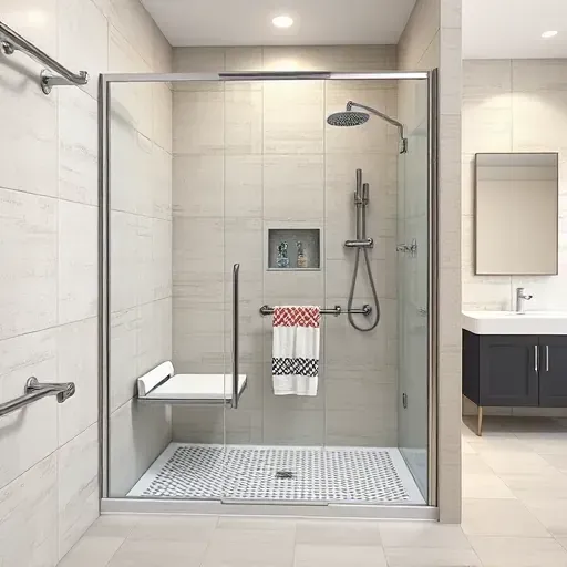 Modern accessible handicap shower in Landenberg PA with clear glass, slip-resistant tiles, built-in seat, and natural lighting