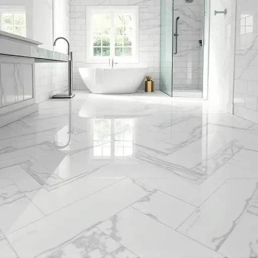 Completed luxury bathroom tile installation in Landenberg PA featuring glossy marble herringbone pattern with sleek fixtures and natural light