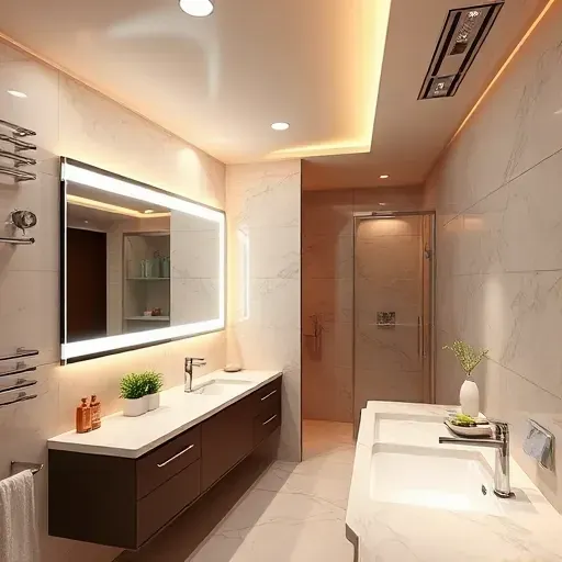 Recently installed modern bathroom lighting in Landenberg PA showcasing recessed lights, LED mirror, marble countertops, and sleek fixtures