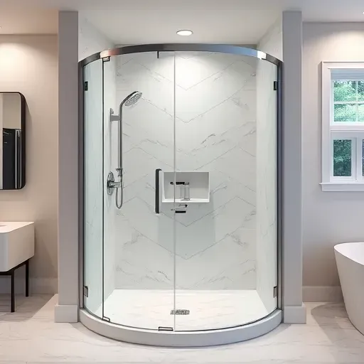 Newly installed modern walk-in shower in Landenberg PA with glass panels chrome fixtures marble tiles and natural light