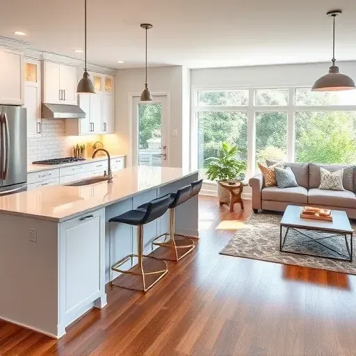 Modern kitchen remodel in Newark DE with stainless steel appliances, quartz countertops, and natural light.