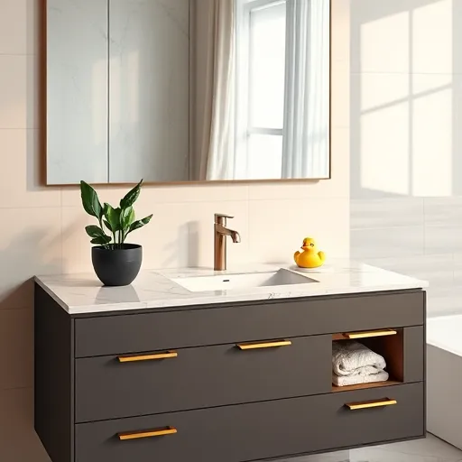 A digitally rendered image of a modern, luxury bathroom vanity featuring a polished marble countertop with subtle white veining and gold accents. The minimalist, handleless drawers are matte charcoal gray, complemented by an sleek undermount porcelain sink and a contemporary, futuristic-designed faucet. A large, frameless mirror reflects a bright, airy bathroom illuminated by natural light filtering through semi-transparent curtains. The scene includes playful details such as a floating potted plant with lush green foliage and a whimsical rubber duck beside the sink, adding personality. The background showcases a contemporary tiled wall in pastel blue and warm beige tones, contrasting gently with the dark vanity. Warm ambient lighting creates a calm, inviting atmosphere, highlighting organized space with slightly open drawers revealing neatly stacked towels and toiletries. Additional elements like a magnifying glass on the countertop enhance the scene's professional, approachable vibe, emphasizing sophistication, comfort, and stylish home upgrades.