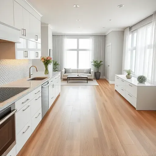 Modern kitchen remodel in Wilmington DE featuring white cabinetry, quartz countertops, stainless steel appliances, and oak flooring.