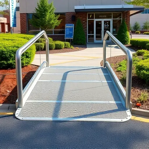 Wheelchair ramp in Landenberg PA with textured non-slip surface, precise craftsmanship, lush greenery, and accessible building entrance