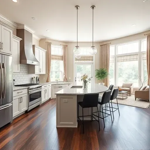 Modern kitchen remodel in Greenville DE with sleek cabinets, granite counters, and stainless appliances in a bright airy space.