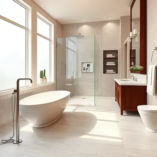 Renovated bathroom in Landenberg PA with modern fixtures, a glass shower, freestanding tub, and elegant lighting.