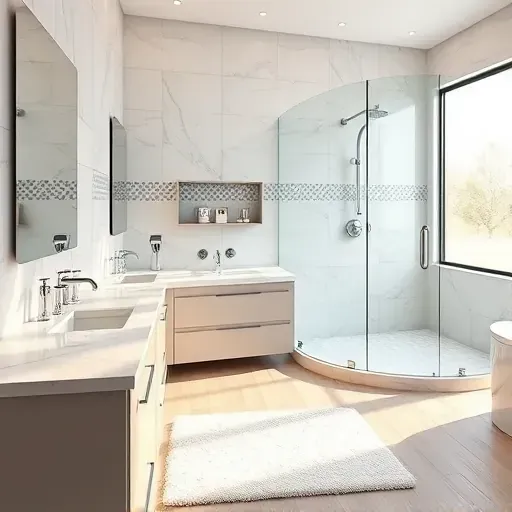 Newly renovated bathroom in Landenberg PA with modern fixtures, marble countertops, and ambient lighting.